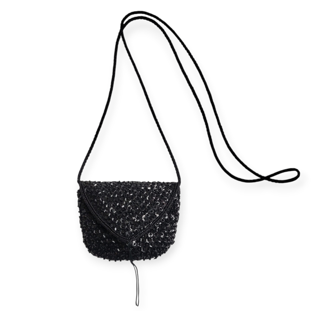 Vintage Tiny Sequined Evening Crossbody Mini Bag Black